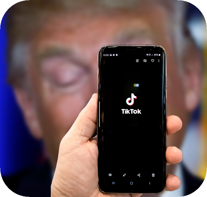 A photo of a phone with the TikTok splash screen superimposed over a photo of Trump A photo of a phone with the TikTok splash screen superimposed over a photo of Trump