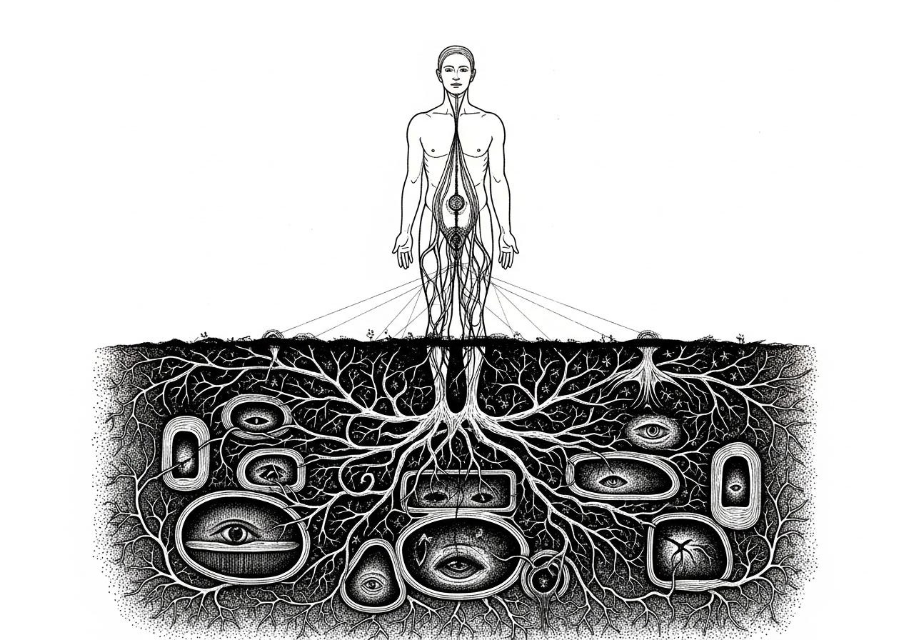 A scholarly black and white illustration, reminiscent of an old anatomical diagram, showing a stylized human figure connected to a complex, shadowy network of entangled roots, subterranean chambers, and subtle hidden eyes below, symbolizing the unconscious influence of the buried shadow self. A scholarly black and white illustration, reminiscent of an old anatomical diagram, showing a stylized human figure connected to a complex, shadowy network of entangled roots, subterranean chambers, and subtle hidden eyes below, symbolizing the unconscious influence of the buried shadow self.