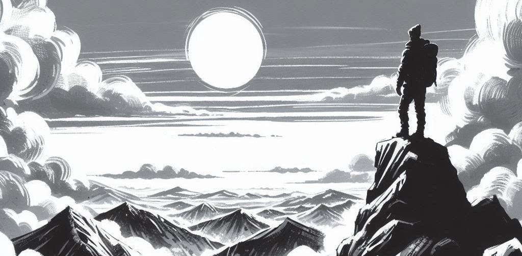 man on the top of a mountain in black and white ink and gouache style man on the top of a mountain in black and white ink and gouache style