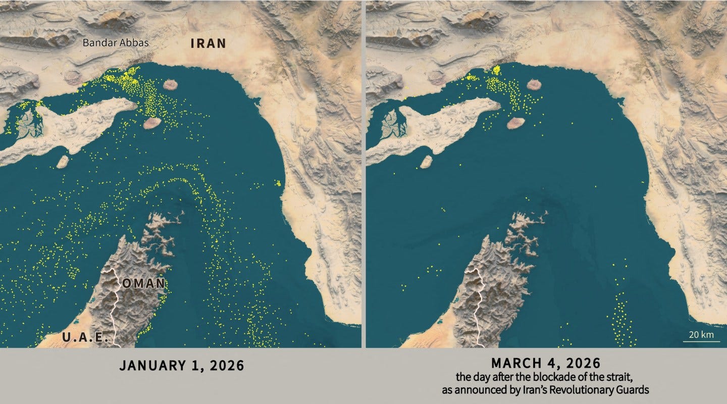 Photo: Infographic with map showing the Strait of Hormuz, locating floating objects (generally boats) captured by the Sentinel-1 radar satellite, before and after the announcement of the blockade of the strait by the Iranian Revolutionary Guard, according to an AFP analysis (Graphic by Valentin RAKOVSKY and Julie PEREIRA / AFP) Photo: Infographic with map showing the Strait of Hormuz, locating floating objects (generally boats) captured by the Sentinel-1 radar satellite, before and after the announcement of the blockade of the strait by the Iranian Revolutionary Guard, according to an AFP analysis (Graphic by Valentin RAKOVSKY and Julie PEREIRA / AFP)