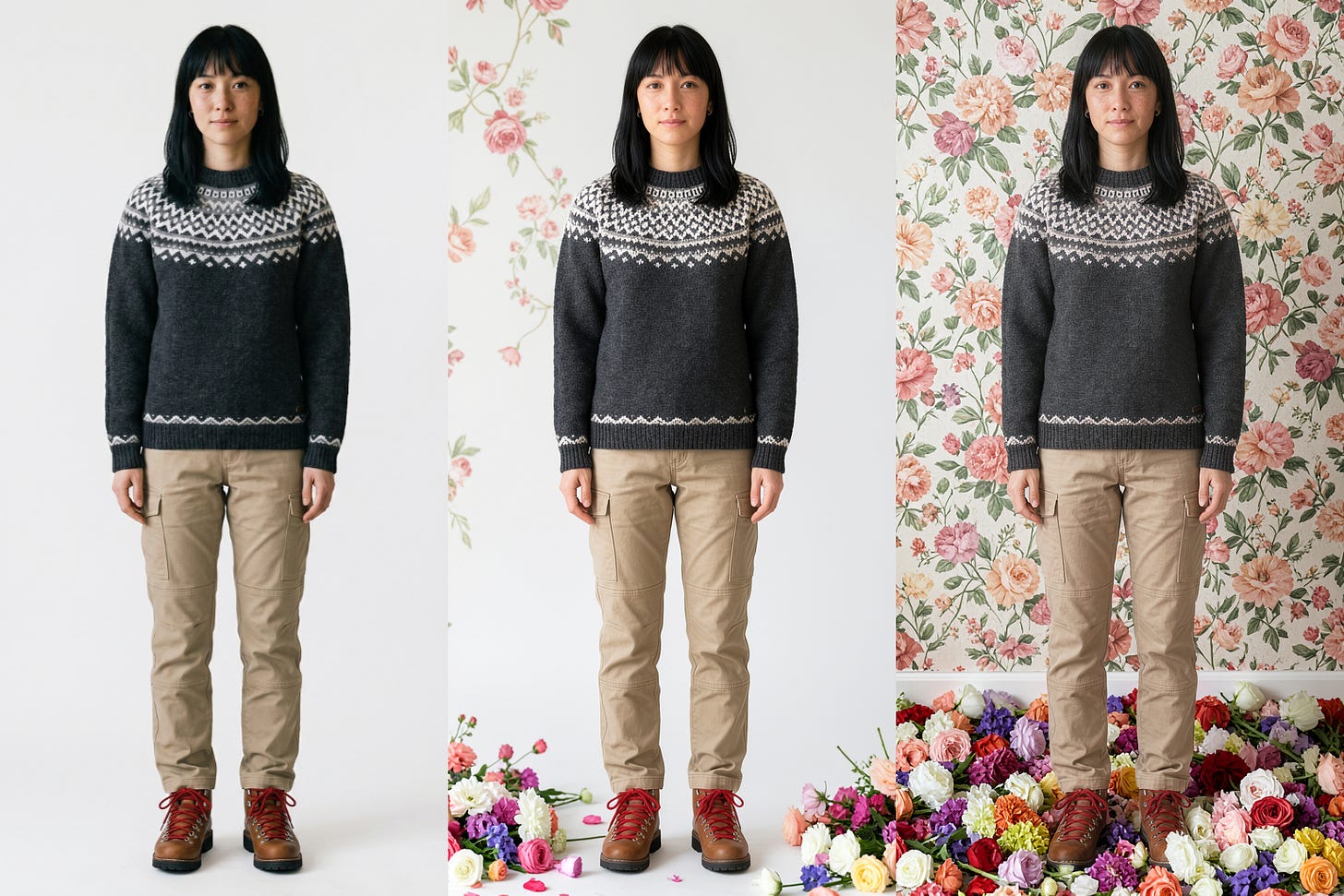 Three images of the same woman standing in a neutral pose. 1) neutral background; 2) light floral pattern on the wall and scattered flowers on the floor; 3) rich floral wallpaper and a pile of flowers on the ground