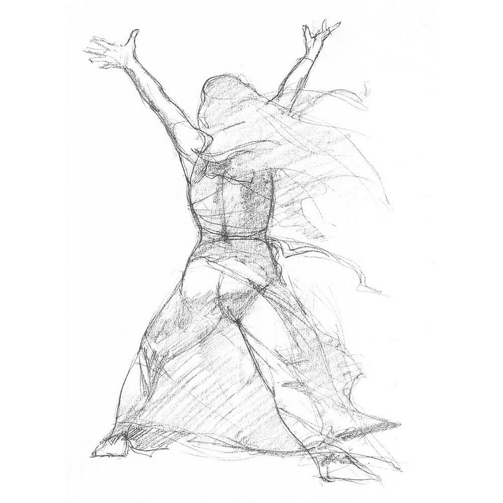 LEFT: Figure detail from DAUGHTER OF REGALS featuring of a young woman with torn white dress pausing before turning into a hallway that ends with a beautiful stained glass window featuring a red dragon clutching a yellow orb. RIGHT: Pencil sketch for DAUGHTER OF REGALS featuring a woman in sheer dress viewed from behind. Her arms are thrown up. Her stance is wide with one leg back. The lines of her hair and outline of her dress create a sense of motion.