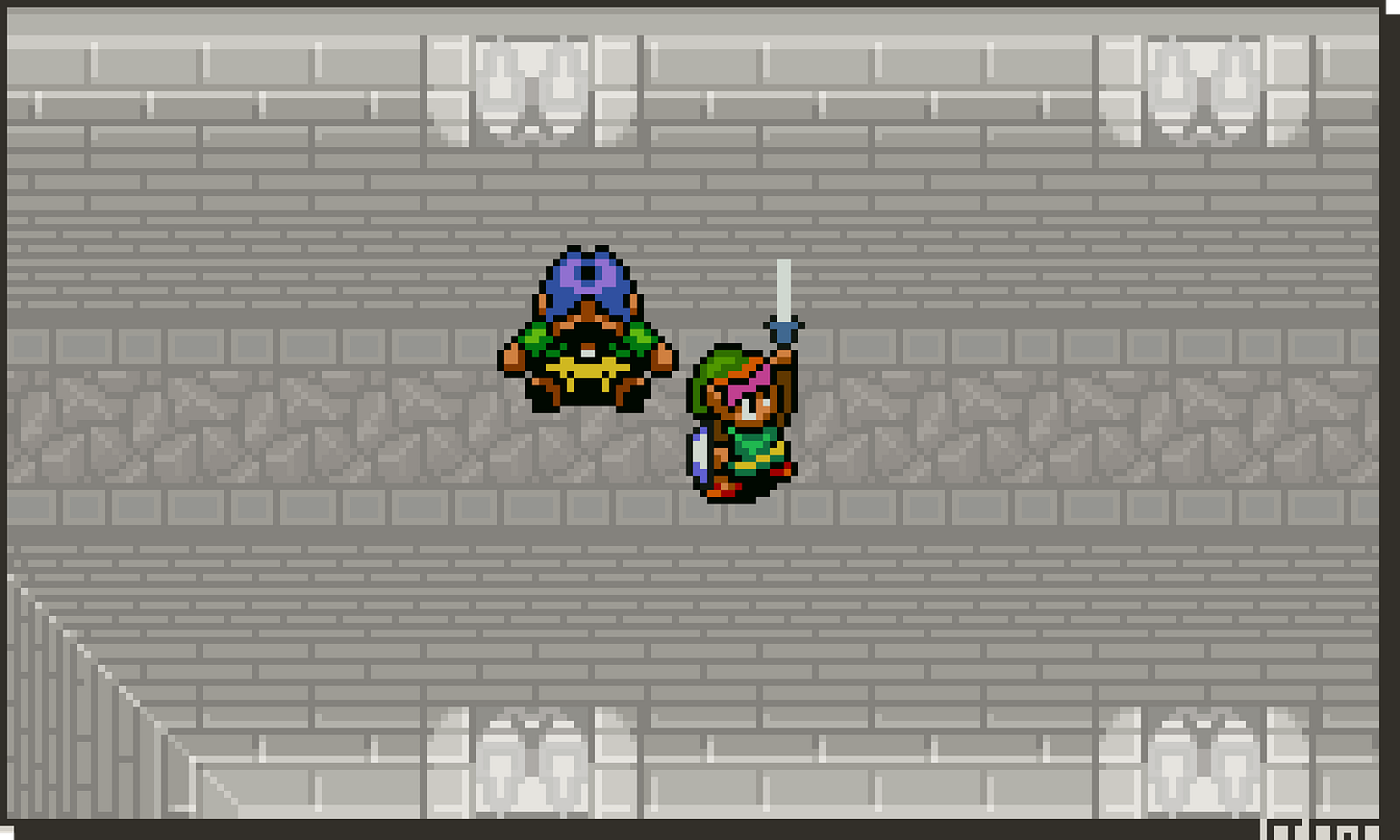 A stylized screenshot from Zelda A Link to the Past. A boy holds up a sword with a man slumped against a wall dying.