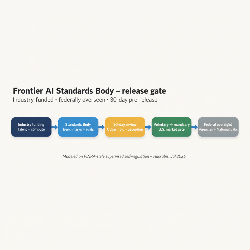 Figure 1: FINRA-style Frontier AI Standards Body — funding, board, 30-day eval, federal oversight Figure 1: FINRA-style Frontier AI Standards Body — funding, board, 30-day eval, federal oversight