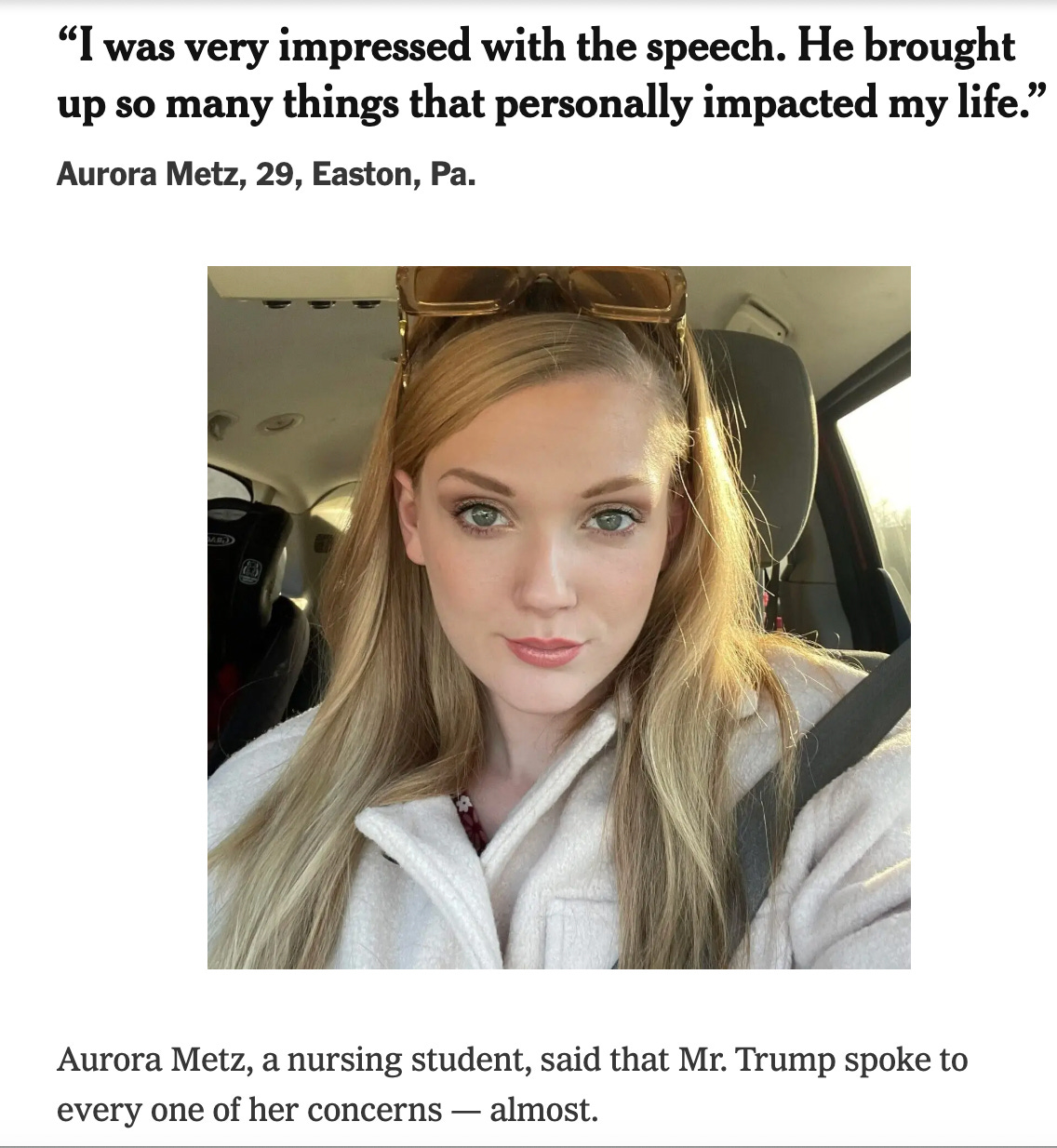 Screenshot of Aurora Metz and the New York Times headline accompanying the story about her Screenshot of Aurora Metz and the New York Times headline accompanying the story about her
