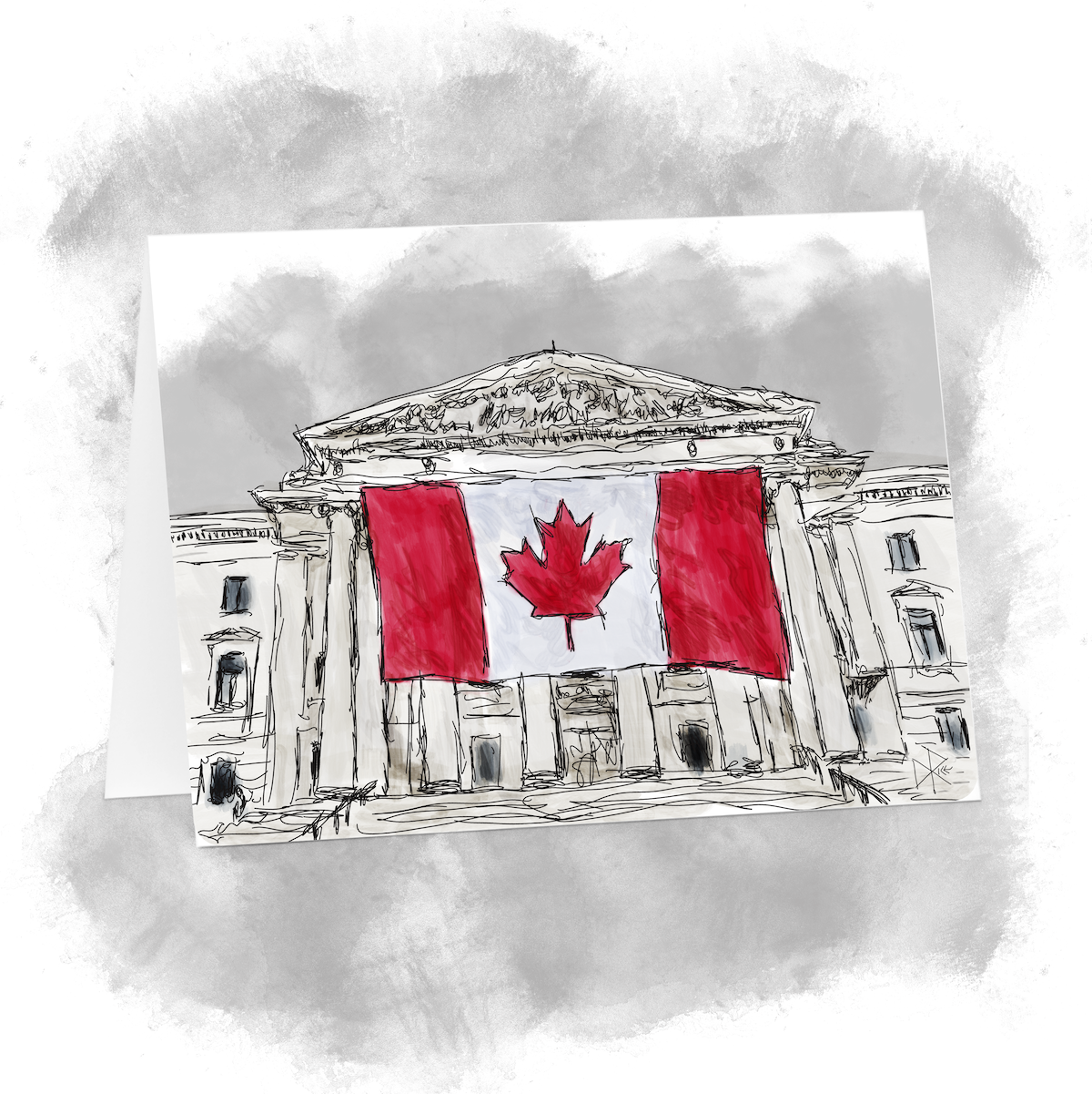 A gigantic Canadian flag, borrowed from the Winnipeg Blue Bombers football team, mounted on the Manitoba Legislature. Sketch art by Don Rice. A gigantic Canadian flag, borrowed from the Winnipeg Blue Bombers football team, mounted on the Manitoba Legislature. Sketch art by Don Rice.