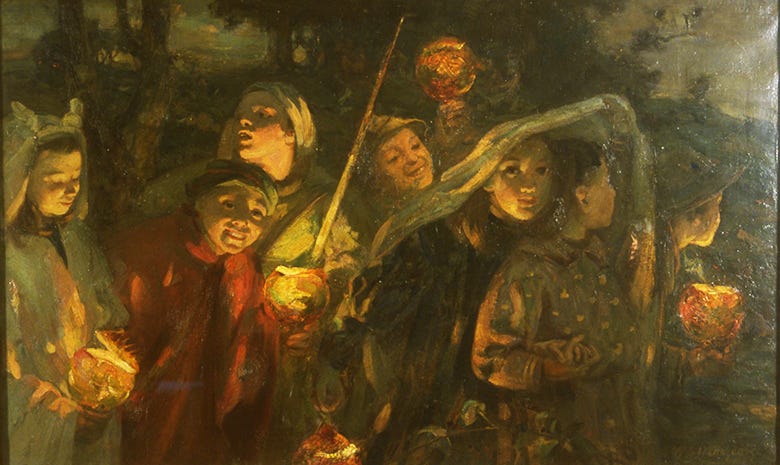 The children in this painting are dressed in fancy costumes, ready for a guising trip on Halloween night. The faces of the children have an eerie glow, cast from the turnip or pumpkin lights that they carry. The children in this painting are dressed in fancy costumes, ready for a guising trip on Halloween night. The faces of the children have an eerie glow, cast from the turnip or pumpkin lights that they carry.