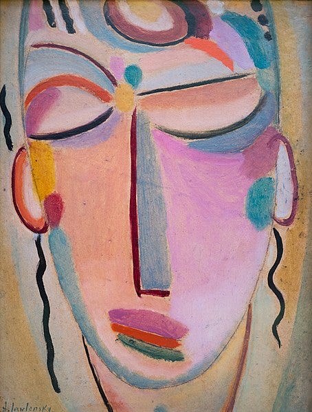 A colorful painting of a meditating face, somewhat in abstract A colorful painting of a meditating face, somewhat in abstract