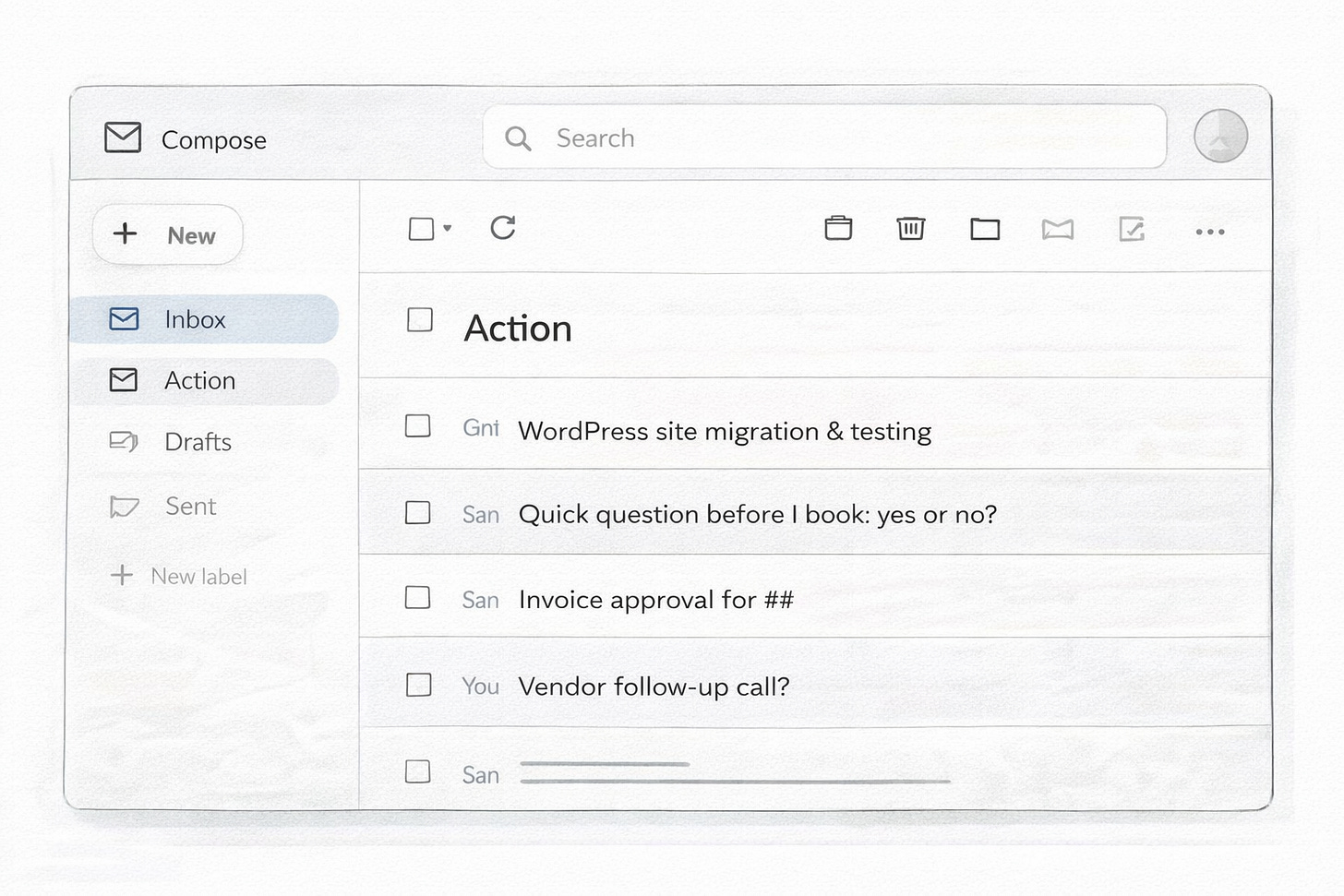 Gmail Action folder showing mixed task types with no prioritization or context, illustrating the problem before the Google Sheet and script solution