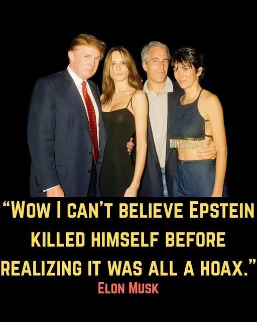 May be an image of 3 people and text that says '明 "Wow I CAN'T BELIEVE EPSTEIN KILLED HIMSELF BEFORE REALIZING IT WAS ALL A HOAX." ELON MUSK'