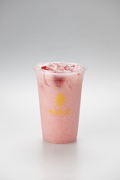 a collection of drinks and honeycomb bread from Haraz Coffee House