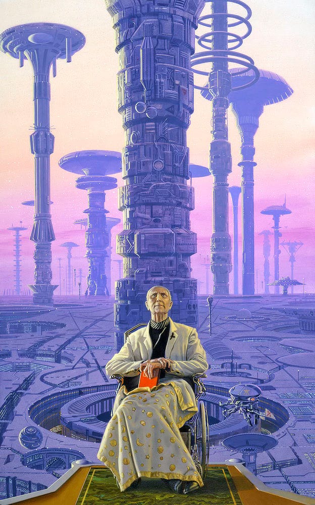 An elderly man bound in a wheel chair sits with eyes cast to the sky. The white satin blanket trimmed in gold and decorated with stars and planets covers his legs. Visibly beneath it, his feet are set awkwardly askew, not firmly on the ground. Beneath a white suit jacket with a raven pinned to the lapel, he wears a black mock turtleneck with diagonal stripes on the collar. He looks stately as his arms are crossed and he props a vibrant red book in his lap. Beyond the platform where he sits, the planet has been transformed into a mechanized, futuristic city as far as the eye can see. Rendered in purples and blues, surface entirely metal. Topped by saucers of various styles, towers extend to a sky rendered upward in a gradient from pink to peach. An elderly man bound in a wheel chair sits with eyes cast to the sky. The white satin blanket trimmed in gold and decorated with stars and planets covers his legs. Visibly beneath it, his feet are set awkwardly askew, not firmly on the ground. Beneath a white suit jacket with a raven pinned to the lapel, he wears a black mock turtleneck with diagonal stripes on the collar. He looks stately as his arms are crossed and he props a vibrant red book in his lap. Beyond the platform where he sits, the planet has been transformed into a mechanized, futuristic city as far as the eye can see. Rendered in purples and blues, surface entirely metal. Topped by saucers of various styles, towers extend to a sky rendered upward in a gradient from pink to peach.