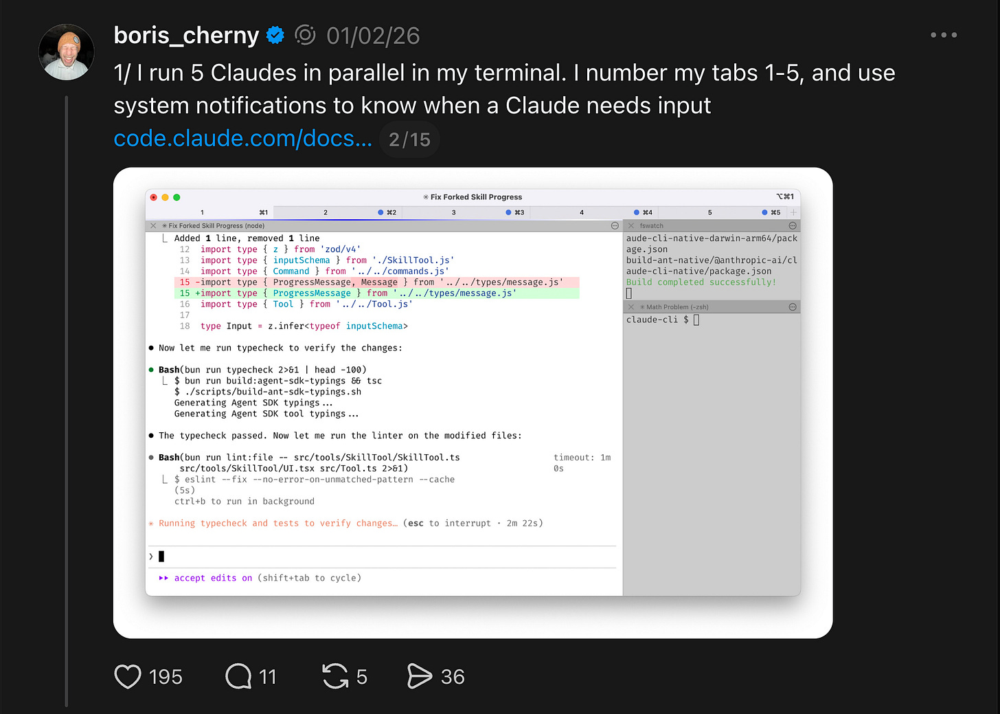 Boris running 5 Claude instances in parallel terminal tabs
