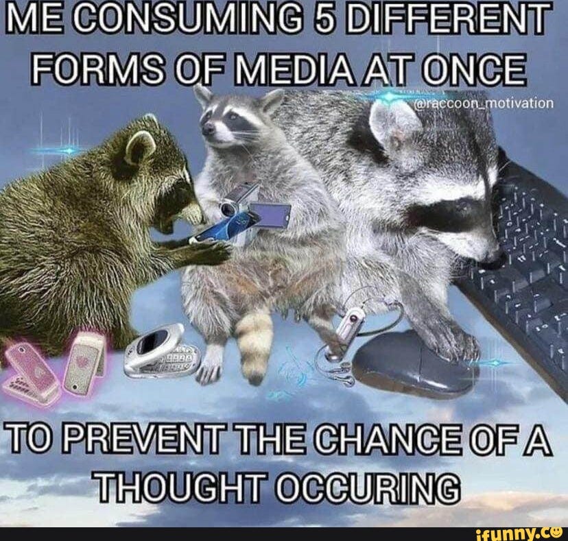 ME CONSUMING DIFFERENT FORMS OF MEDIA AT ONCE TO PREVENT THe CHANCE OF A  THOUGHT OCCURING: - iFunny Brazil