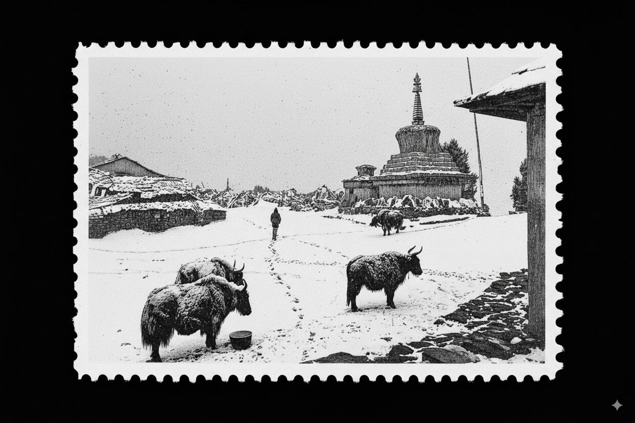 Black and white photograph with postage stamp border showing a snowy scene at Tengboche monastery in Nepal. Several large, shaggy yaks stand in the foreground on snow-covered ground. A Buddhist stupa rises in the middle distance with traditional monastery buildings nearby. A lone figure walks away across the snow leaving footprints, 