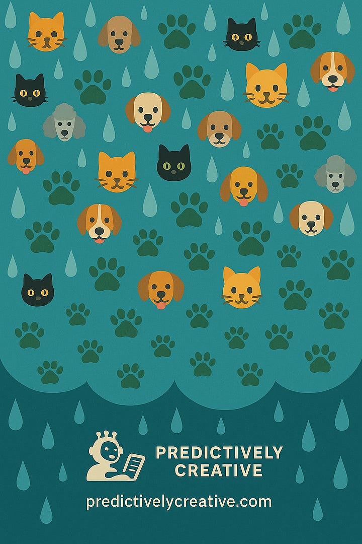 “Cartoon of Trump and Kim Jong-un riding in a golf cart with a ‘Make America Great Again’ bumper, as cats and dogs fall from the sky.” “Patterned blue background filled with cartoon cat and dog faces, raindrops, and paw prints — playful illustration of ‘raining cats and dogs.’”