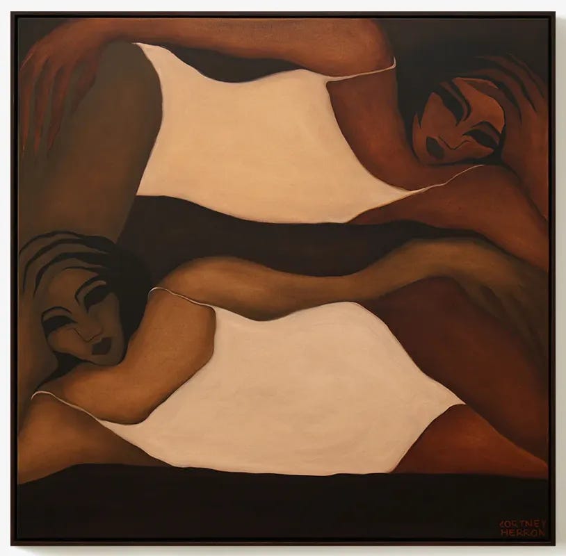 Painting of two reclining figures in white dresses against a dark background, rendered in warm brown tones Painting of two reclining figures in white dresses against a dark background, rendered in warm brown tones