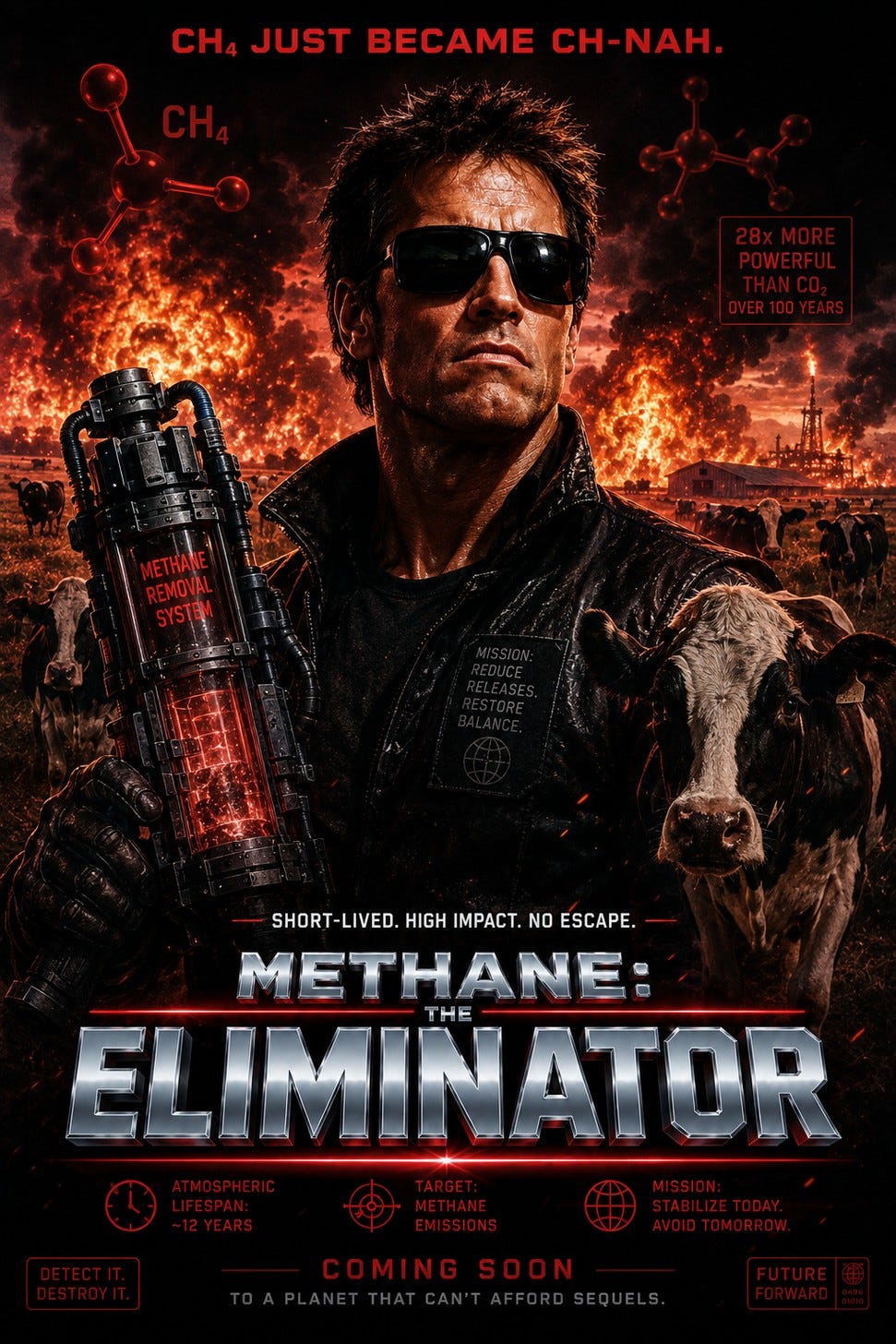 Action movie poster parody: a Terminator-like man in sunglasses and a leather jacket holds a glowing canister labeled "METHANE REMOVAL SYSTEM", cows and fires behind him. Text includes: "CH4 JUST BECAME CH-NAH.", "28x MORE POWERFUL THAN CO2 OVER 100 YEARS", "MISSION: REDUCE RELEASES. RESTORE BALANCE.", "SHORT-LIVED. HIGH IMPACT. NO ESCAPE.", title "METHANE: THE ELIMINATOR", icons reading "ATMOSPHERIC LIFESPAN ~12 YEARS", "TARGET: METHANE EMISSIONS", "MISSION: STABILIZE TODAY. AVOID TOMORROW.", corner tags "DETECT IT. DESTROY IT." and "FUTURE FORWARD", and "COMING SOON TO A PLANET THAT CAN'T AFFORD SEQUELS."