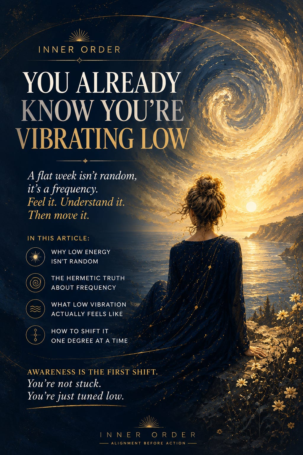 Editorial-style Pinterest graphic in navy, cream, and gold featuring a lone figure seated on a rocky shoreline beneath a dramatic swirling sky of light and stars. Large serif typography introduces an Inner Order article about recognizing low vibration, with elegant subtitles explaining frequency, awareness, and shifting your state one degree at a time. The composition blends mystical coastal imagery with clean magazine-inspired design, creating a calm yet thought-provoking visual. Editorial-style Pinterest graphic in navy, cream, and gold featuring a lone figure seated on a rocky shoreline beneath a dramatic swirling sky of light and stars. Large serif typography introduces an Inner Order article about recognizing low vibration, with elegant subtitles explaining frequency, awareness, and shifting your state one degree at a time. The composition blends mystical coastal imagery with clean magazine-inspired design, creating a calm yet thought-provoking visual.