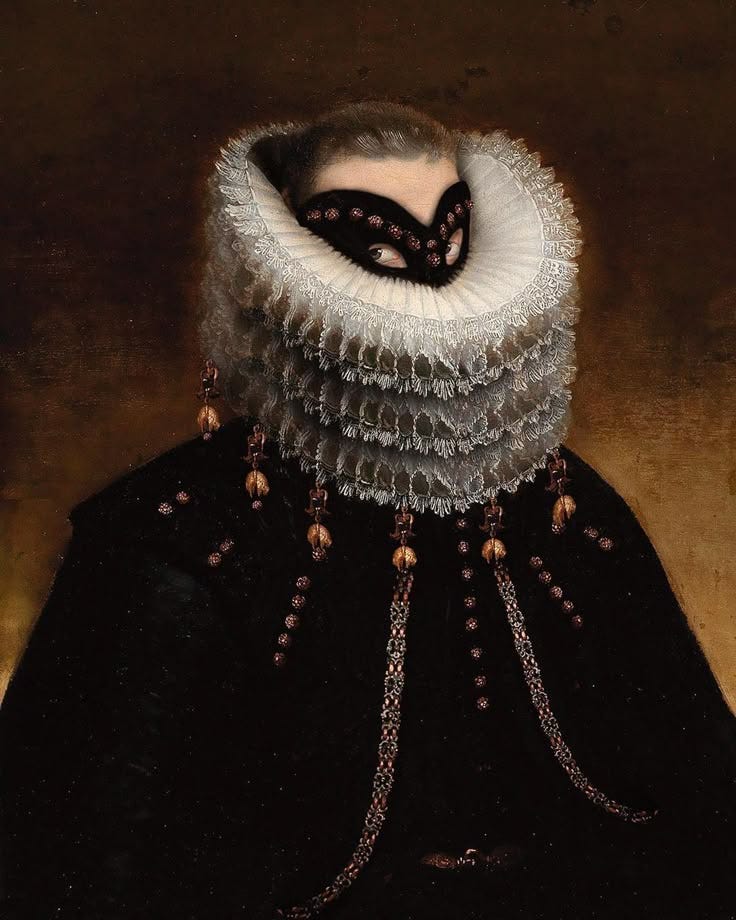 A surreal mixed-media portrait exploring the symbolic, emotional, and historical resonance of the color black—blending elements of Spanish court fashion with personal memory and modern visual language.