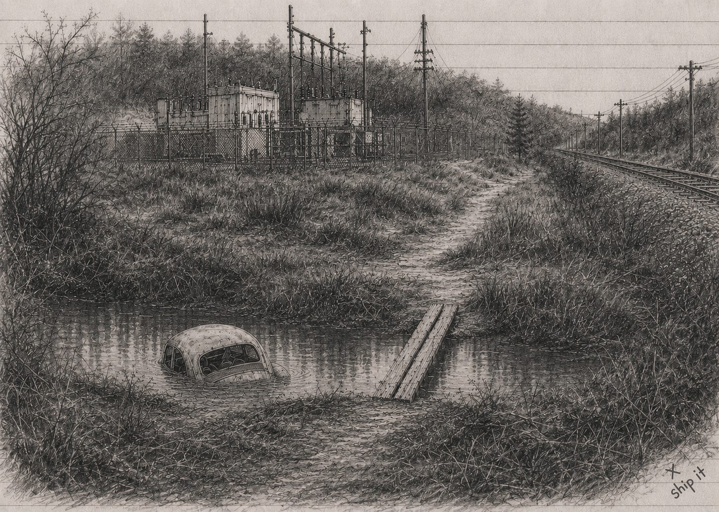 Pencil sketch of a childhood shortcut beside railroad tracks, with a small power plant beyond a fence, a narrow wooden bridge over a drainage moat, and a partially submerged Volkswagen Beetle resting in the water.