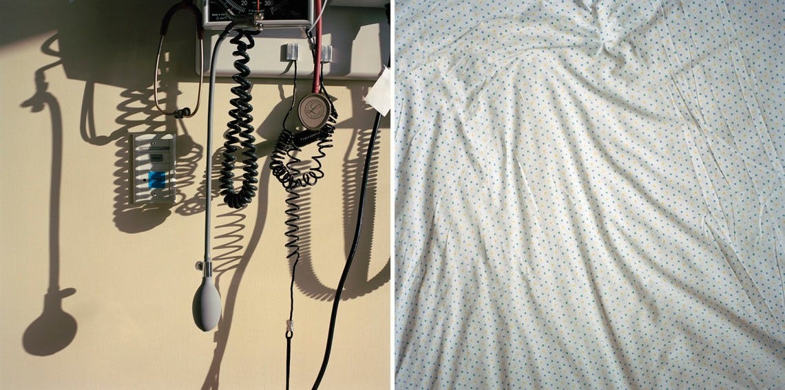 Photograph of patient montiors next to another photograph of an empty hosptial bed Photograph of patient montiors next to another photograph of an empty hosptial bed