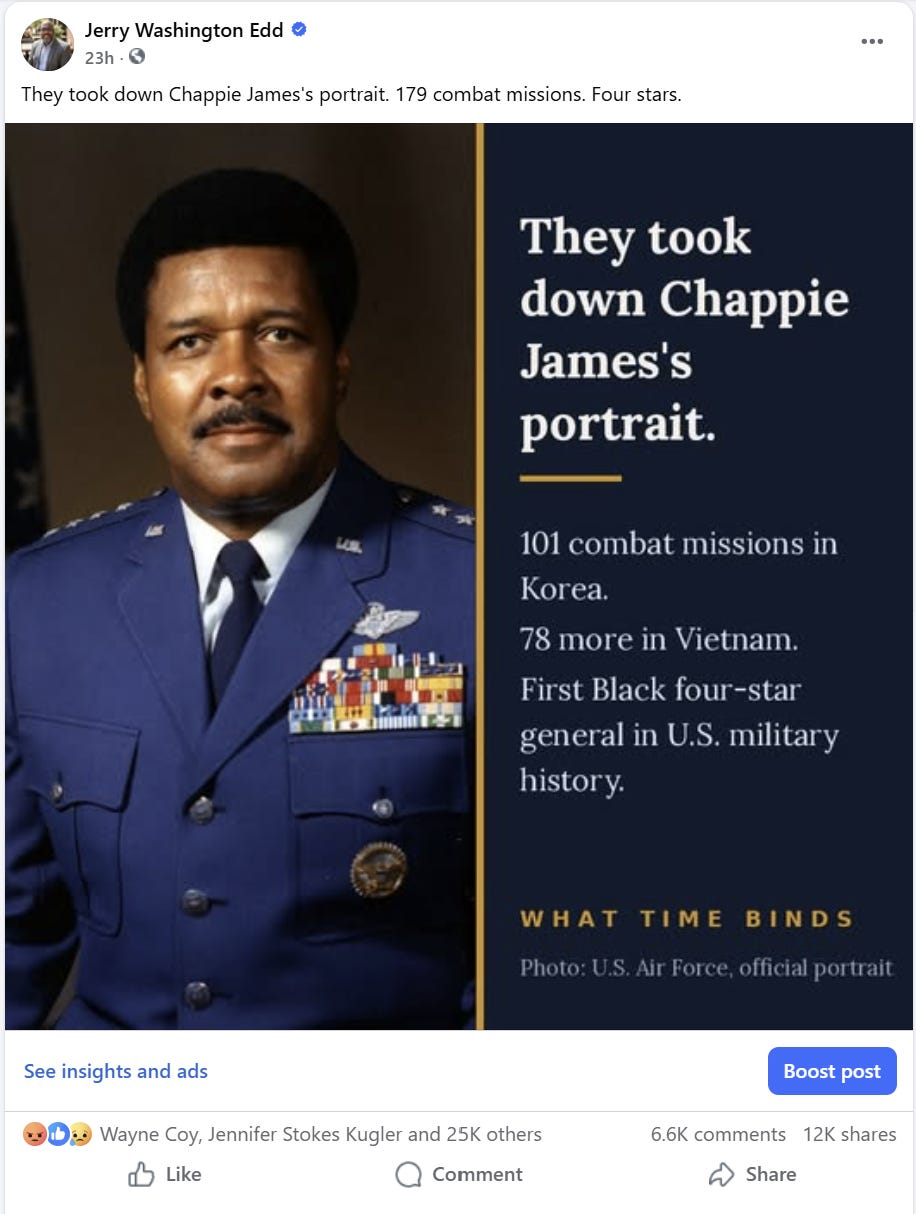 Facebook post showing General Daniel 'Chappie' James Jr. portrait card with 25,000 reactions, 6,600 comments, and 12,000 shares. Facebook post showing General Daniel 'Chappie' James Jr. portrait card with 25,000 reactions, 6,600 comments, and 12,000 shares.