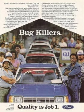 A retro Ford ad featuring factory workers standing next to a line of cars, with the headline "Bug Killers" and the slogan "Quality is Job 1."