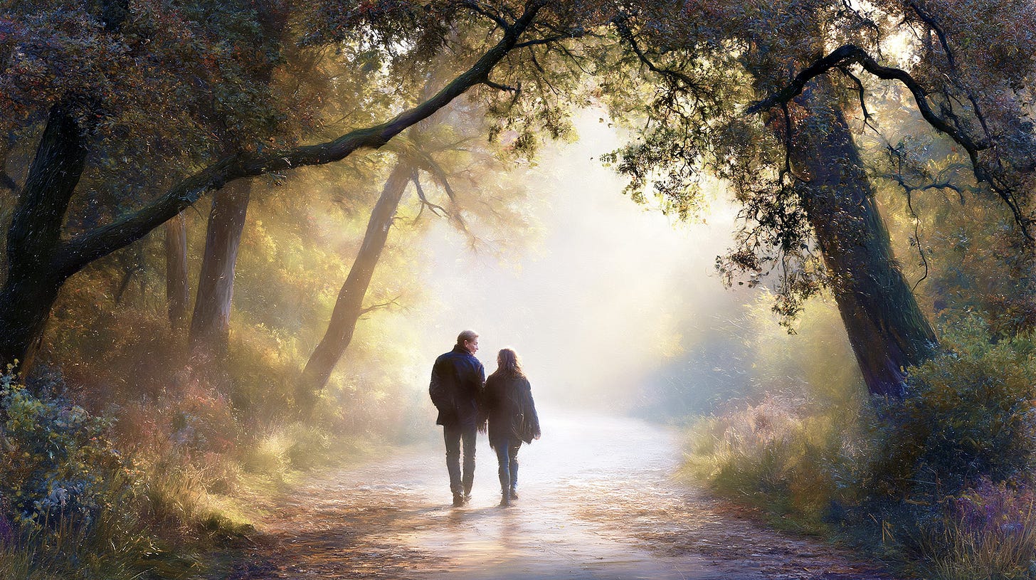 Two people walk together beneath tall trees on a quiet forest path glowing with early morning light. One turns slightly toward the other as they continue into the distance, suggesting a conversation that changes both travelers more than either realizes.