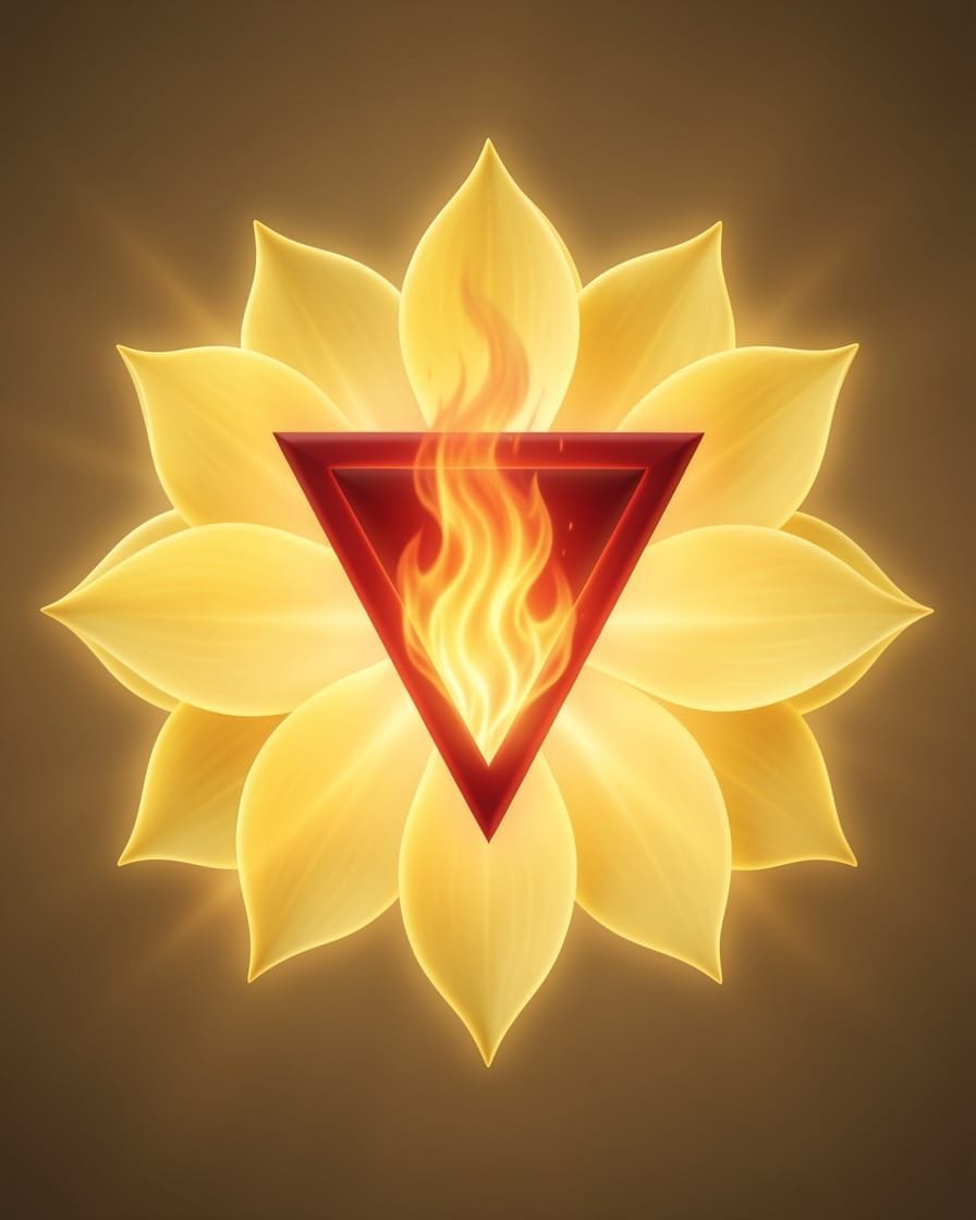 A realistic representation of Manipura, the Solar Plexus chakra featuring a downward-pointing red triangle surrounded by... A realistic representation of Manipura, the Solar Plexus chakra featuring a downward-pointing red triangle surrounded by...