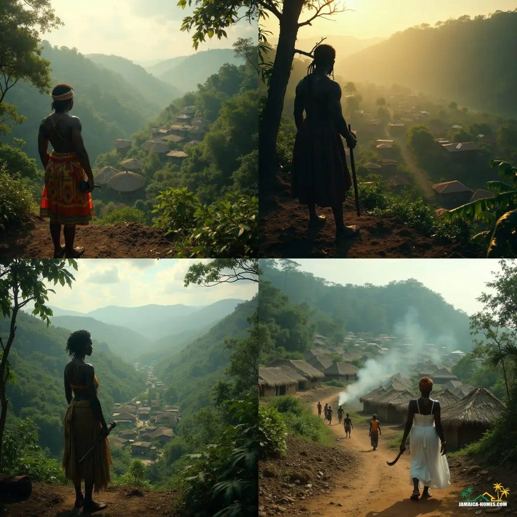 Recreate a vivid scene from Nanny Town in the 1700s, capturing its location high on Nanny Town Hill