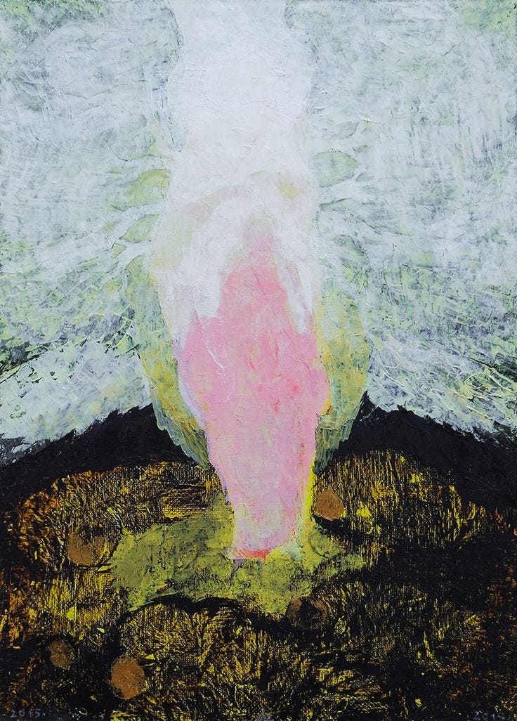 This may contain: an abstract painting with white, pink and green colors on the bottom half of it