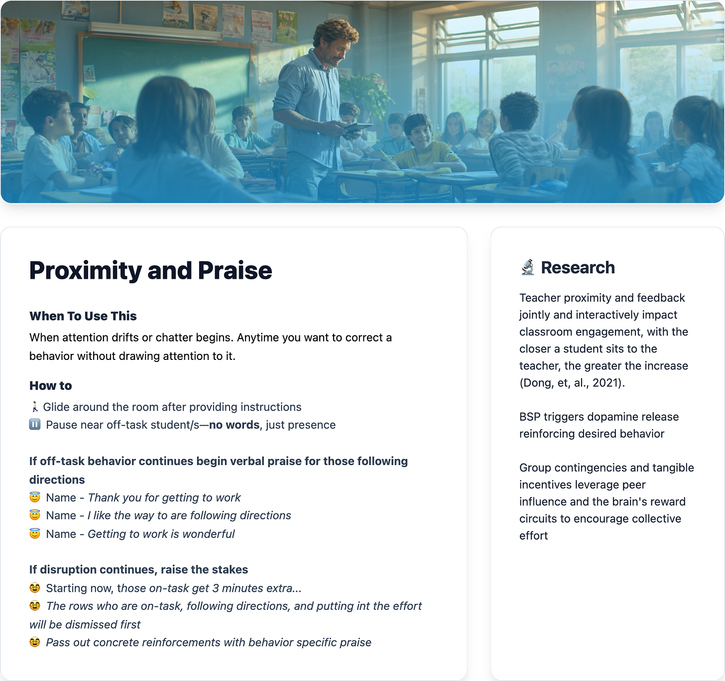 Teacher walking among students during class, using proximity and praise to redirect off-task behavior and reinforce positive actions. This strategy reduces disruptions, builds trust, and strengthens supportive classroom management.