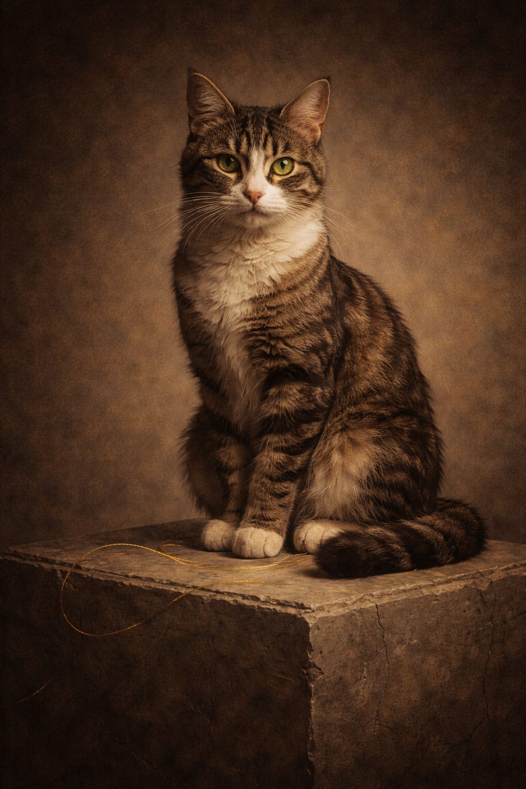 A tabby cat with green eyes sits calmly on a cracked stone pedestal against a soft, muted background. A thin golden thread winds across the pedestal beneath the cat. A tabby cat with green eyes sits calmly on a cracked stone pedestal against a soft, muted background. A thin golden thread winds across the pedestal beneath the cat.