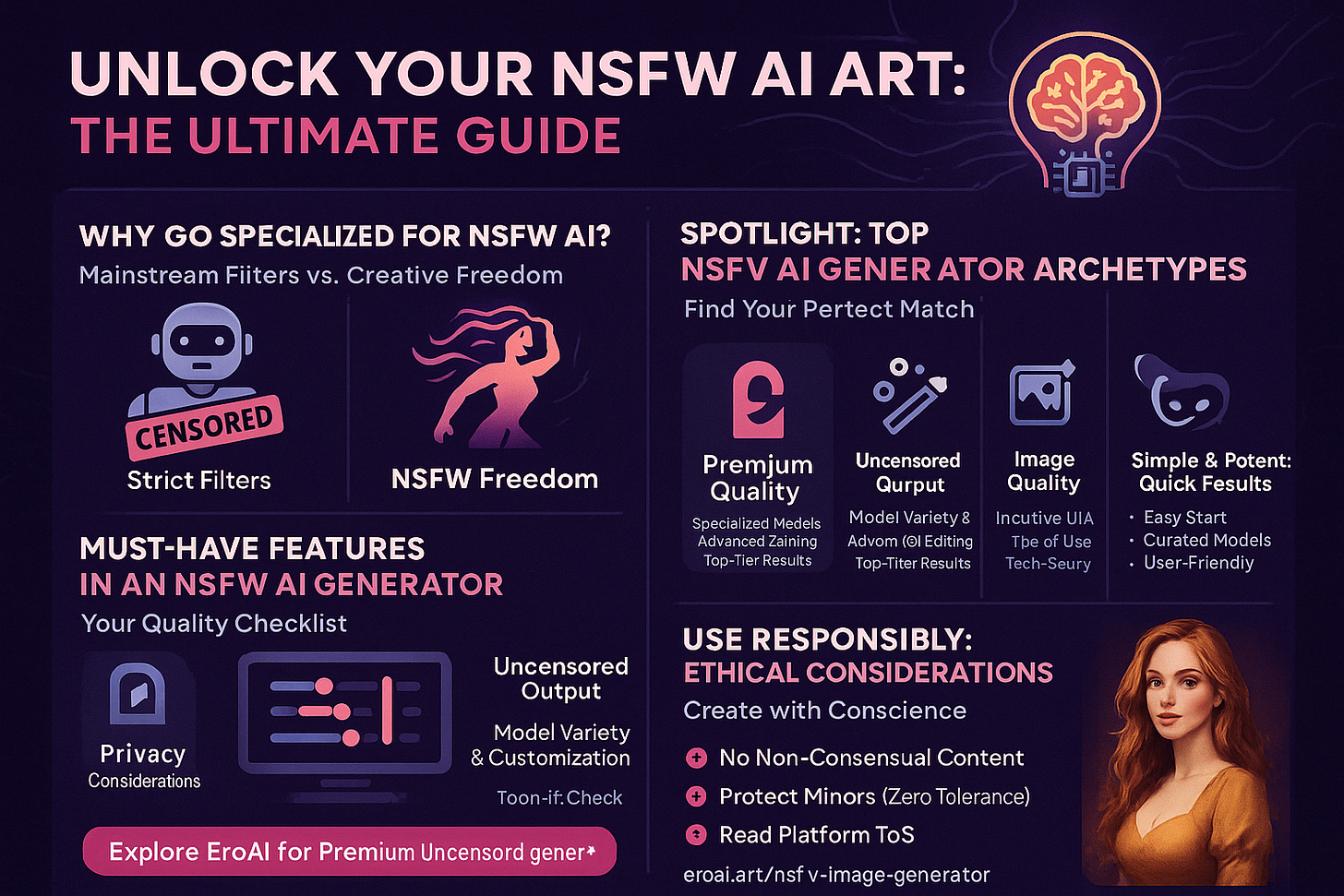 Infographic showcasing top NSFW AI image generators: EroAI, SoulGen, Unstable Diffusion, Seduced AI, and Promptchan AI, highlighting their unique features and specialties