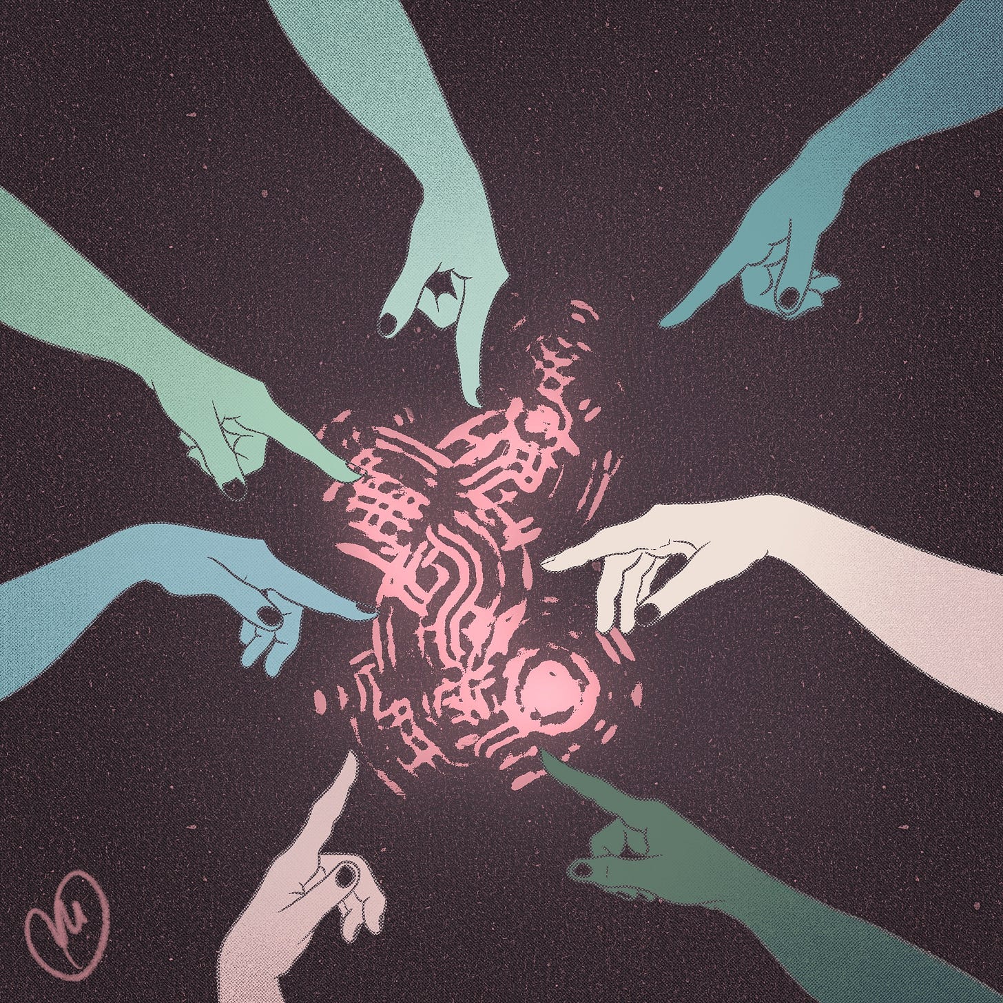 Illustration of seven arms pointing fingers towards the center where a scribble is located