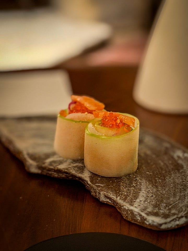 Mushroom tart and Granny Smith apple and trout snacks at Osip.