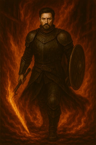 Create an image of Fleetwood standing in the flames, with features inspired by Richard Armitage (not an exact likeness), wielding a sword and without a holy symbol