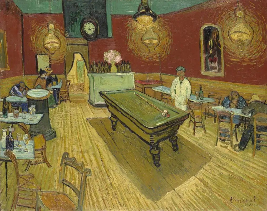 A painting of the interior of a café or bar with red walls, a wooden floor, and a pool table in the center. Several people are seated at tables around the perimeter, some of them slumped over. Overhead lamps cast a warm light, and the atmosphere is somber. A painting of the interior of a café or bar with red walls, a wooden floor, and a pool table in the center. Several people are seated at tables around the perimeter, some of them slumped over. Overhead lamps cast a warm light, and the atmosphere is somber.