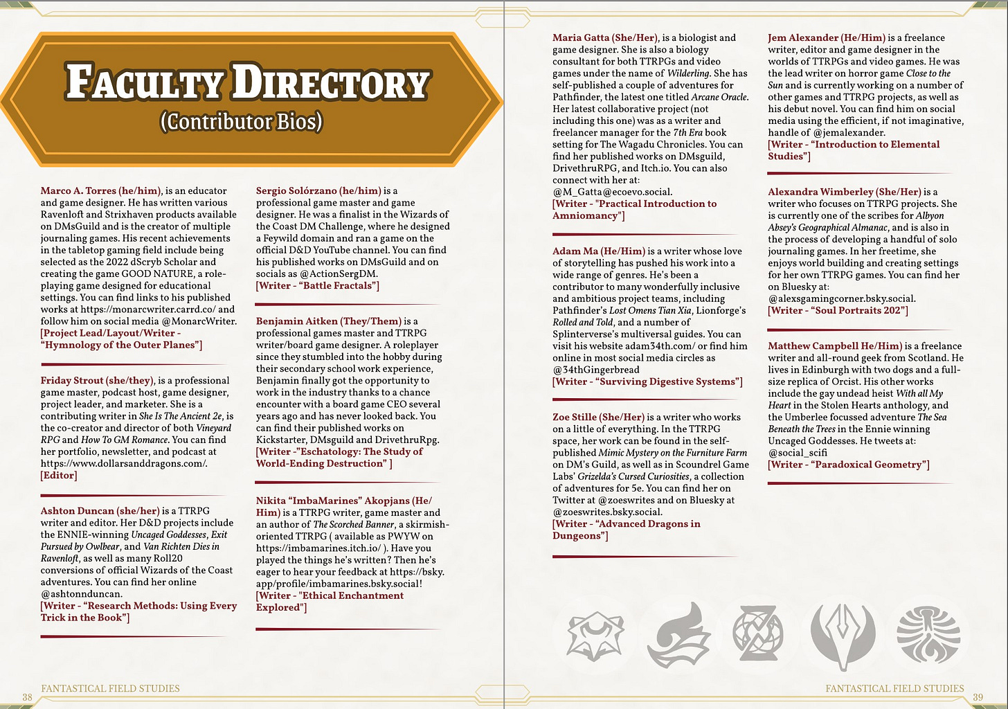 The Faculty Directory page from Fantastical Field Studies. It contains brief bios for each of the 12 contributors who wrote or edited the book.