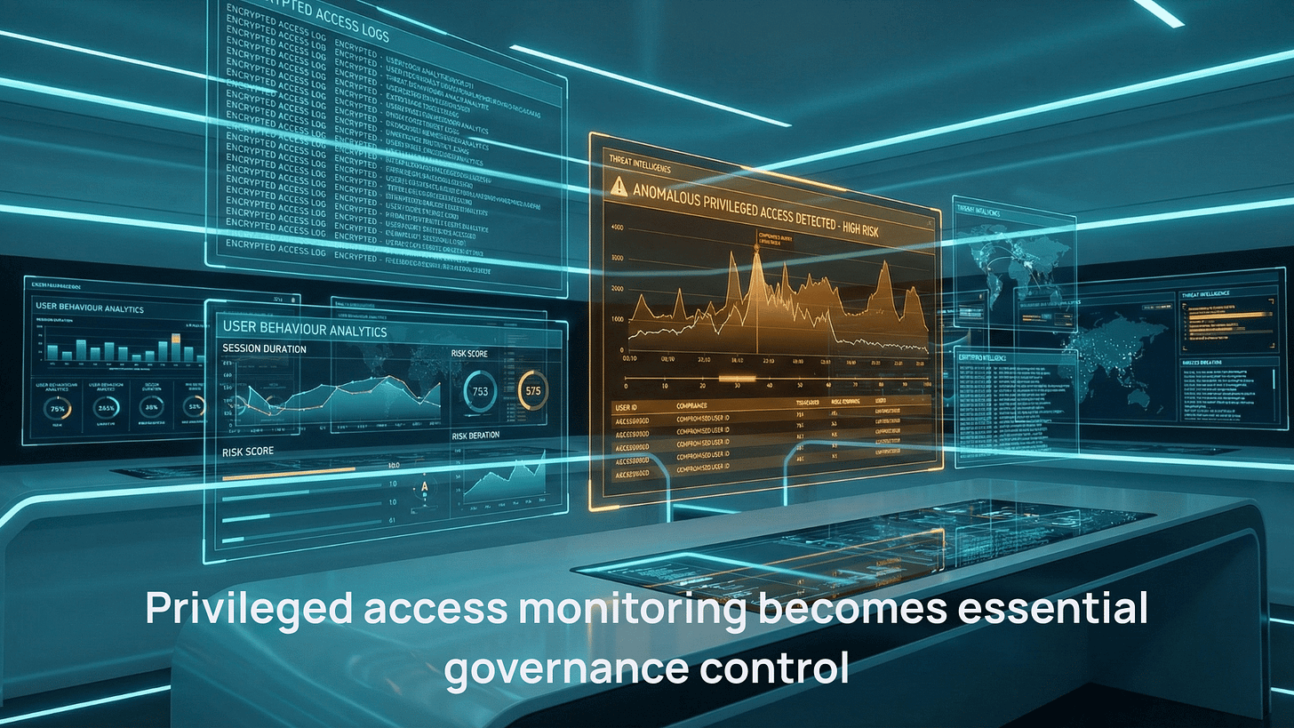 Futuristic security operations centre with holographic displays showing user behaviour analytics and privileged access monitoring alerts.