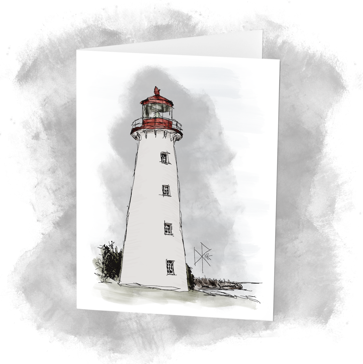 A lighthouse sits at the ready, prepared to be used as a beacon. Sketch art by Don Rice.
