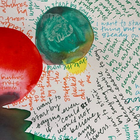 an abstract watercolor painting with all white space filled with colorful handwriting