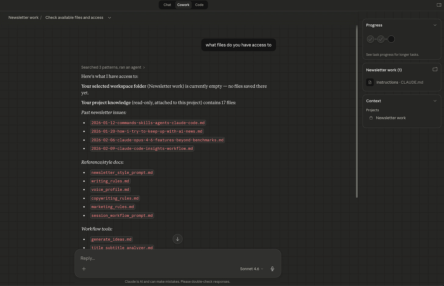 Claude listing all 17 imported project files in Cowork, organized by category