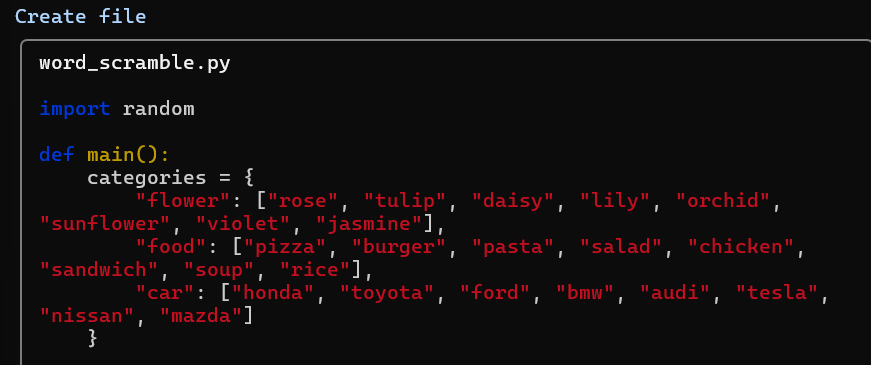 Screenshot showing Claude Code generating the beginning of the word_scramble.py file with a category dictionary for flowers, food, and cars.