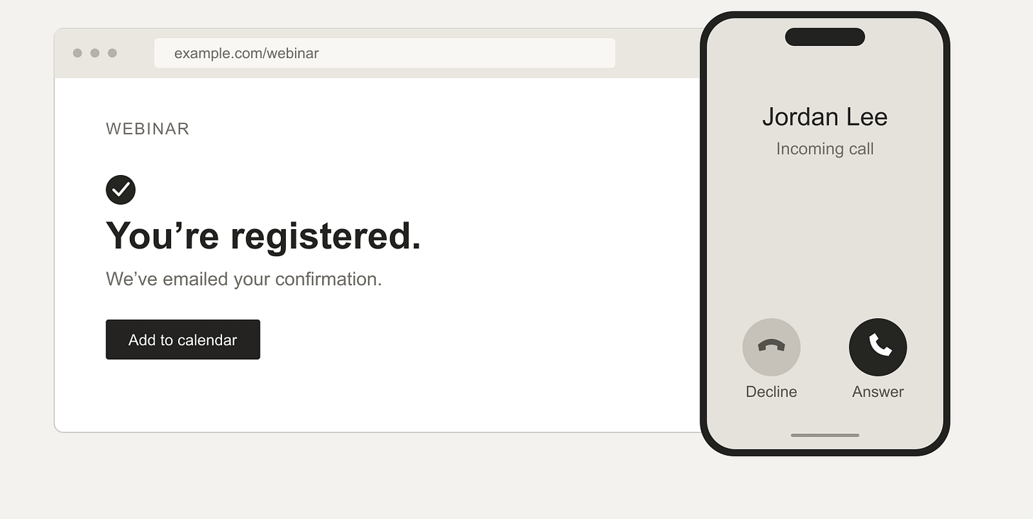 A webinar registration confirmation remains open as an incoming call from a salesperson appears.