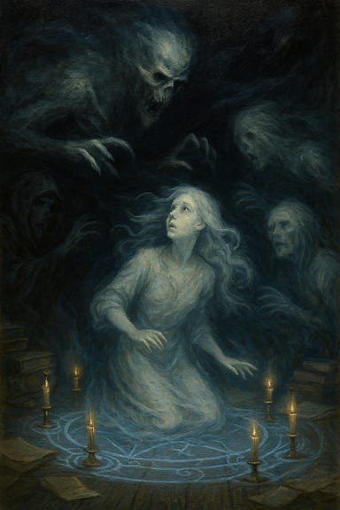 Stella Wachter's soul floats in the Border Ethereal, surrounded by frost-blue mist and weightless silence. Her translucent form drifts above a cracked spectral path, trailing particles of memory. Around her, ghostly beings loom—dark, clawed, and ancient, their shapes shifting like smoke and sorrow. One reaches toward her, its fingers tearing strands of her essence into the void. Stella's expression is one of fear and defiance, her hands raised in a futile warding gesture. The atmosphere is haunting, magical, and emotionally charged—capturing the moment her soul is accosted by spirits that hunger not for flesh, but for memory.