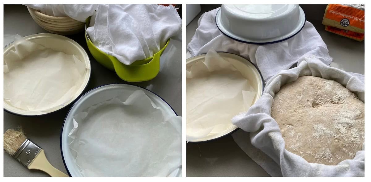 Pie tins lined with baking parhment. Pie tins lined with baking parhment.