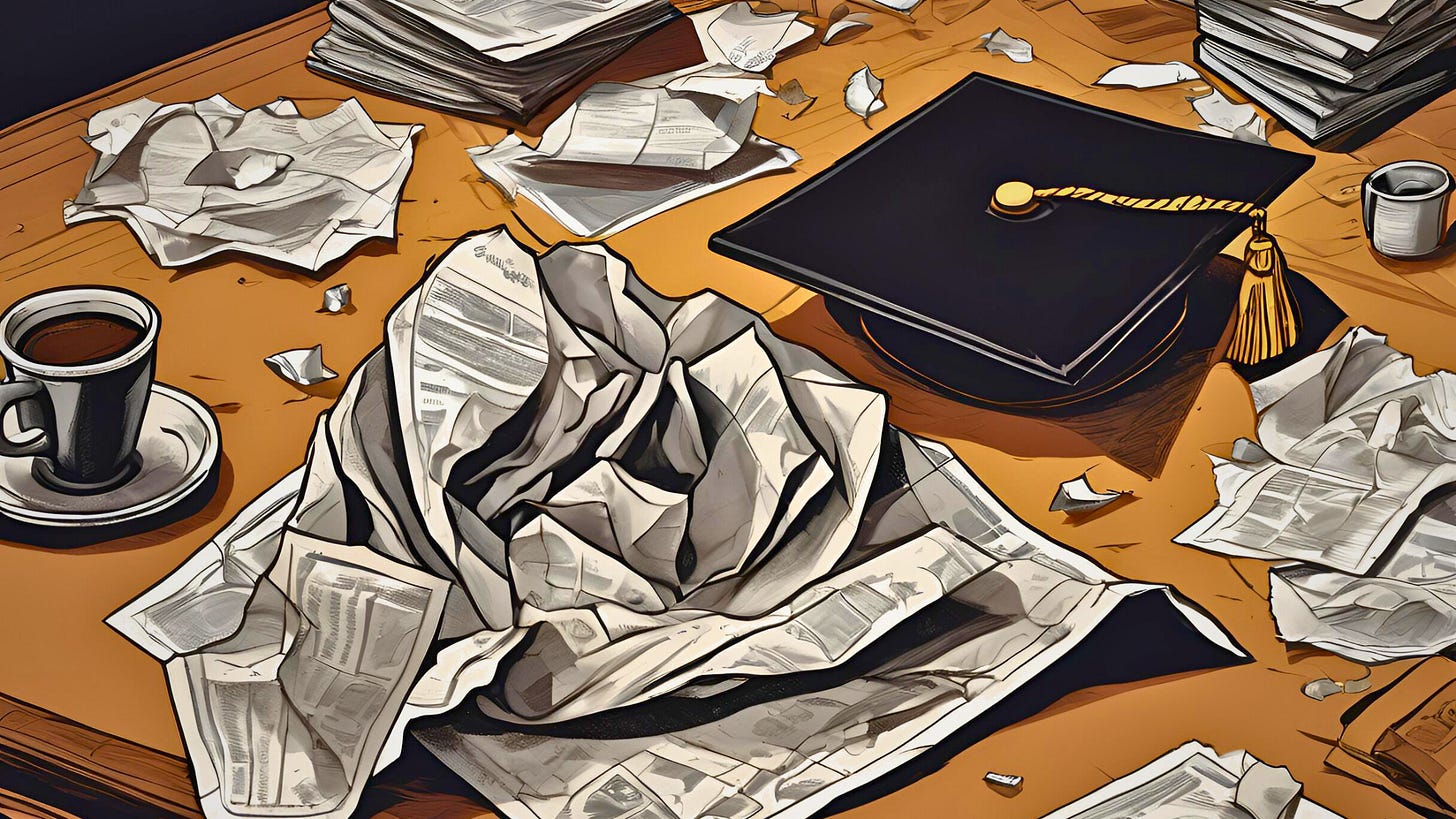 Crumpled college degree and a hat from graduation laying on a desk. Crumpled college degree and a hat from graduation laying on a desk.