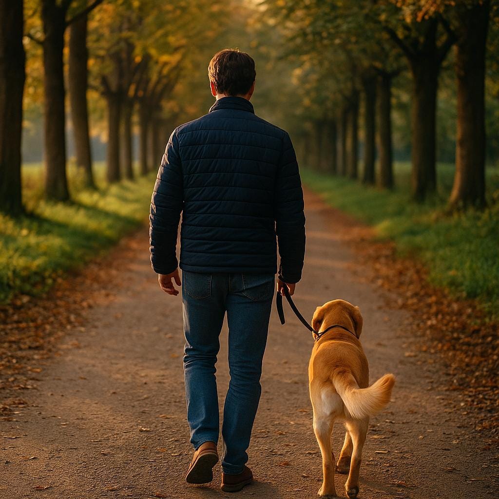 A person walking a golden retriever down a peaceful country lane, seen from behind. The setting is quiet and sunlit, evoking themes of reflection, companionship, and spiritual journey.